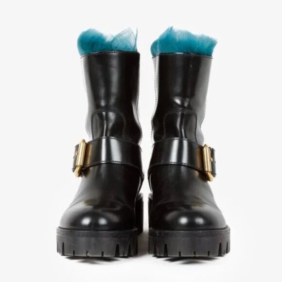 Prada Blue Fur Black Leather Moto Boots - Picture 2 of 10
